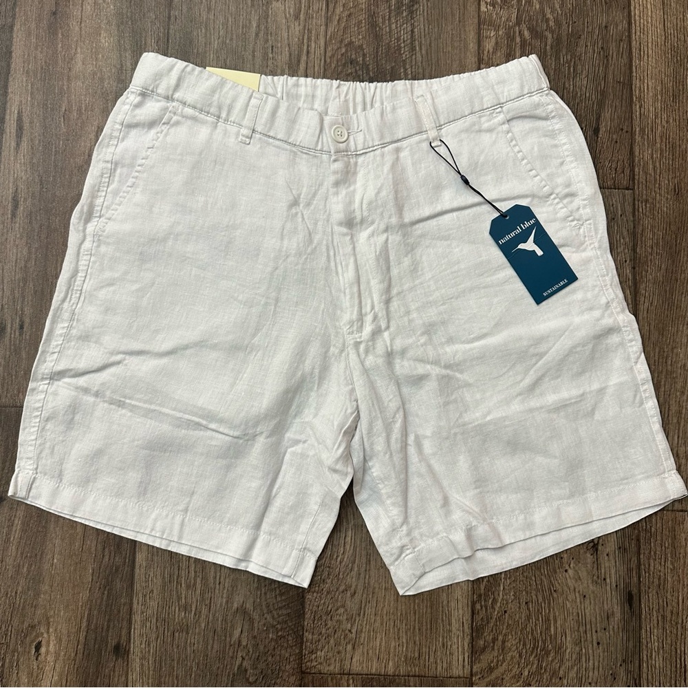 Natural Blue 100% Linen Lightweight Shorts Size L White